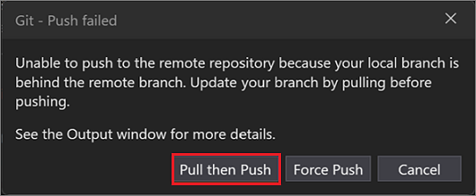 Schermopname van de beschikbare opties wanneer de lokale vertakking zich achter de externe vertakking bevindt.