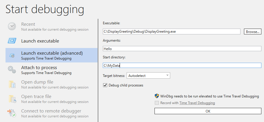 Schermopname van het dialoogvenster Uitvoerbaar bestand starten (geavanceerd) met opties.