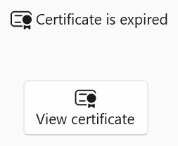 Een certificaatpictogram met de tekst 'certificaat is verlopen' en een knop met het certificaatpictogram en de tekst 'certificaat bekijken'