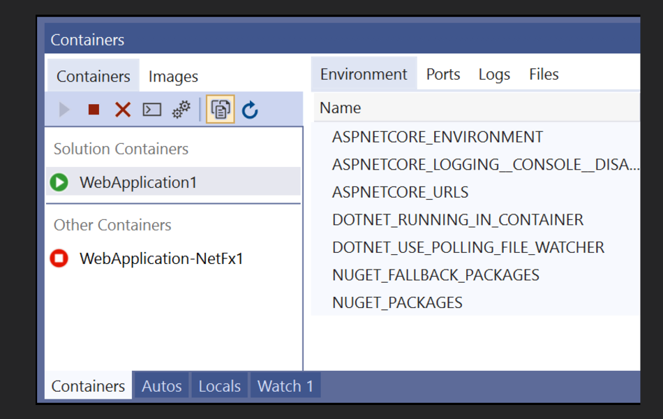 Visual Studio Docker-menu