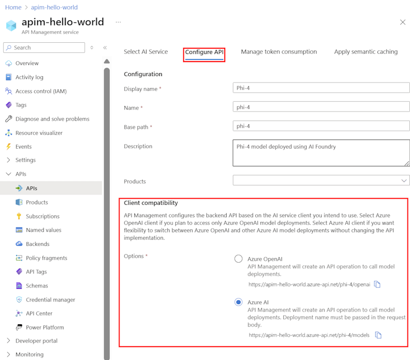 Zrzut ekranu przedstawiający konfigurację interfejsu API rozwiązania Microsoft Foundry w portalu.