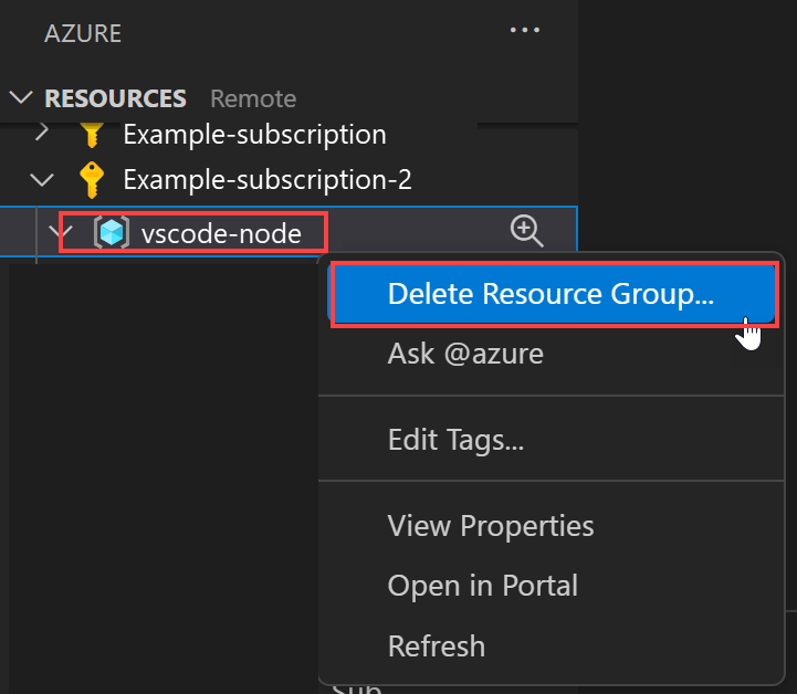 Zrzut ekranu przedstawiający nawigację programu Visual Studio Code w celu usunięcia zasobu zawierającego zasoby usługi App Service.