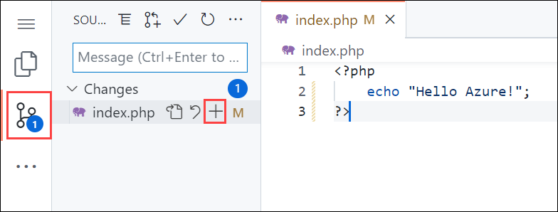 Zrzut ekranu przedstawiający Visual Studio Code w przeglądarce, wyróżniający nawigację Kontrola źródła na pasku bocznym, a następnie wyróżniający przycisk Zmiany etapu w panelu Sterowanie źródłem.