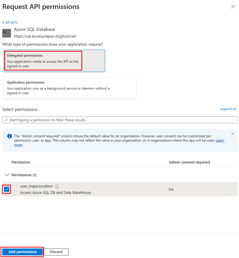 Zrzut ekranu przedstawiający stronę Żądaj uprawnień interfejsu API z uprawnieniami delegowanymi, user_impersonation i wybranym przyciskiem Dodaj uprawnienie.