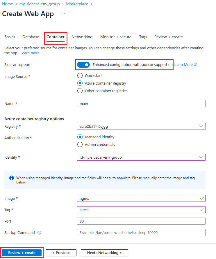 Zrzut ekranu przedstawiający ustawienia kontenera dla niestandardowej aplikacji internetowej kontenera systemu Linux.