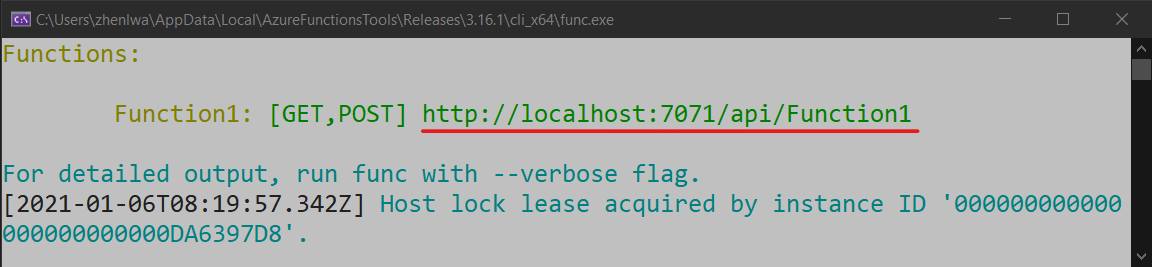 Debugowanie funkcji Quickstart w VS