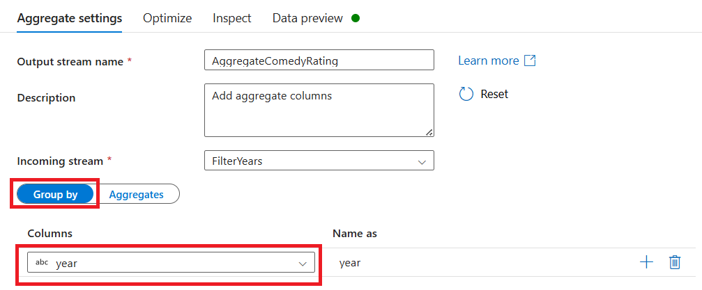Zrzut ekranu przedstawiający opcję roku na karcie Grupuj według w ustawieniach agregacji.