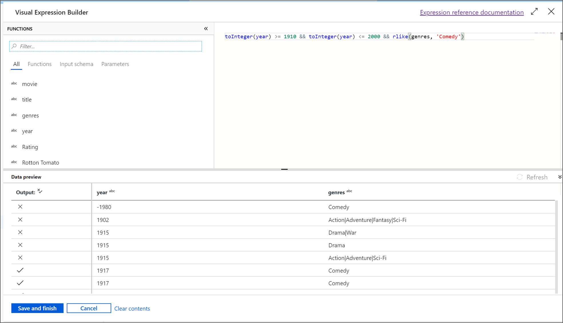 Zrzut ekranu przedstawiający konstruktora wyrażeń filtru.