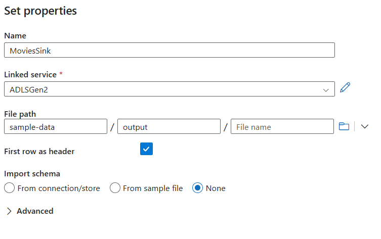 Zrzut ekranu przedstawiający stronę tworzenia ujścia z pierwszym wierszem jako zaznaczonym nagłówkiem.