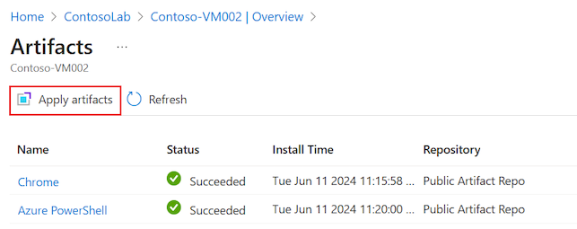 Zrzut ekranu pokazujący, jak potwierdzić, że artefakty mogą być zastosowane do maszyny wirtualnej w DevTest Labs.