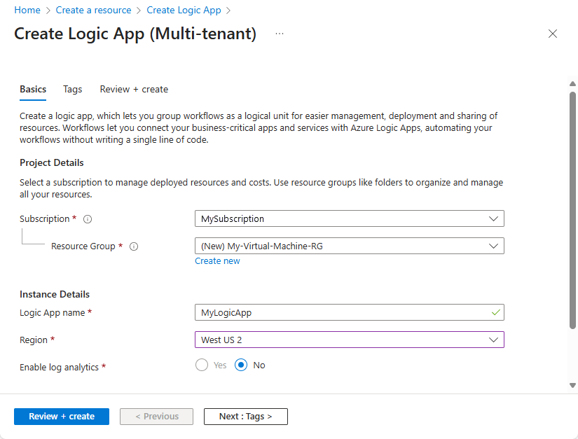 Zrzut ekranu przedstawia menu tworzenia aplikacji logiki z wyświetlonymi szczegółami, takimi jak nazwa, subskrypcja, grupa zasobów i lokalizacja.