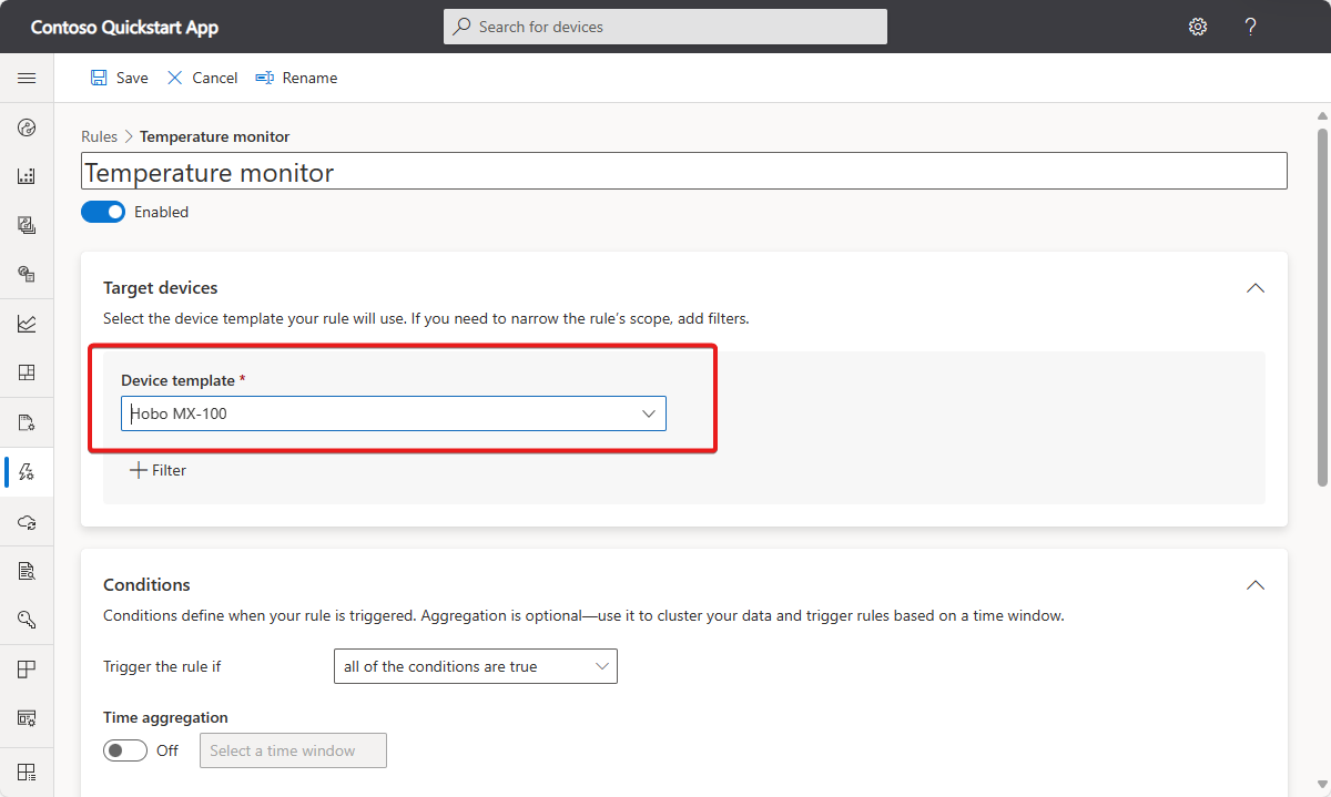 Zrzut ekranu przedstawiający wybór szablonu urządzenia w definicji reguły.