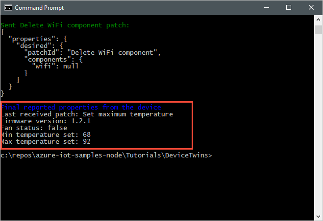Zrzut ekranu przedstawiający aplikację zaplecza odbierającą zgłoszone właściwości urządzenia.