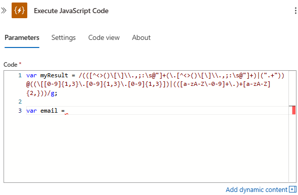 Zrzut ekranu przedstawiający przepływ pracy związany z Zużyciem, akcję „Wykonaj kod JavaScript” oraz przykładowy kod tworzący zmienne.