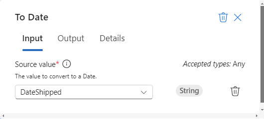 Zrzut ekranu, na którym widać zakładkę Dane wejściowe dla funkcji o nazwie Na datę.