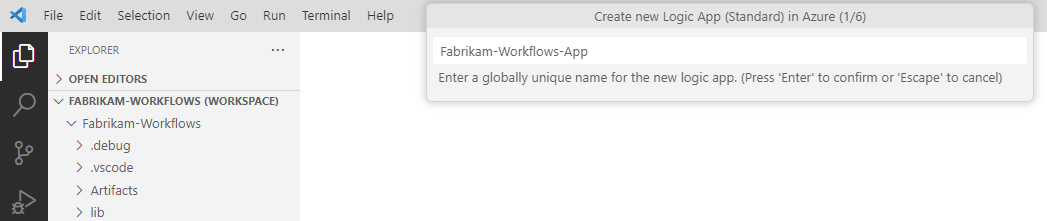 Zrzut ekranu przedstawia monit o wprowadzenie unikatowej nazwy docelowej aplikacji logiki.