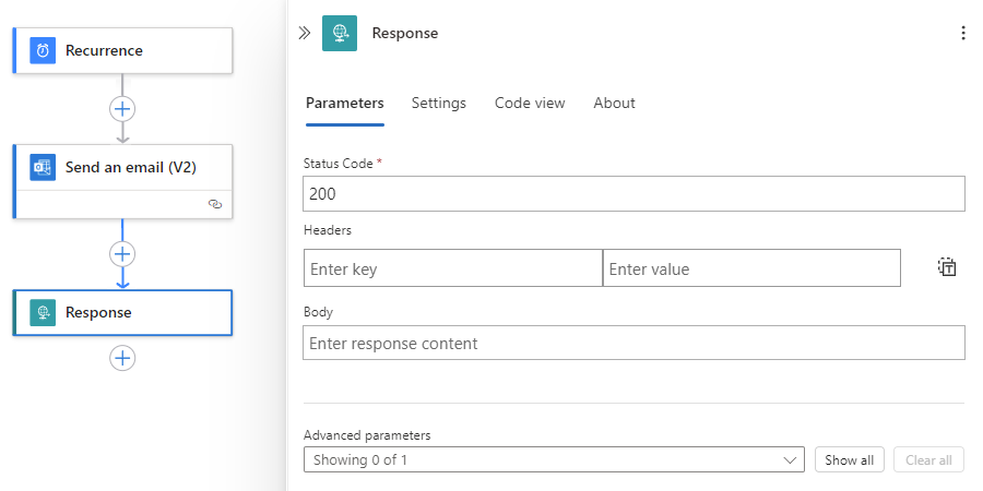 Zrzut ekranu przedstawiający projektanta przepływu pracy i okienko informacji o odpowiedzi.