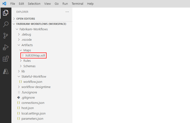 Zrzut ekranu przedstawiający strukturę projektu programu Visual Studio Code z rozwiniętymi folderami Artifacts i Maps.