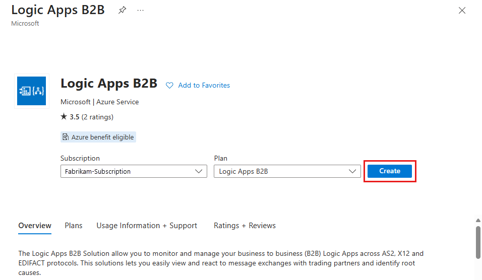 Zrzut ekranu pokazuje wybraną opcję Utwórz w celu dodania rozwiązania B2B w usłudze Logic Apps.