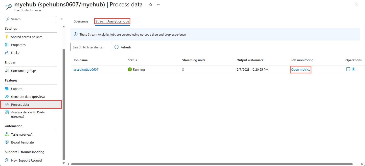 Zrzut ekranu przedstawiający kartę Zadania usługi Stream Analytics, na której jest wyświetlany stan uruchomionych zadań.