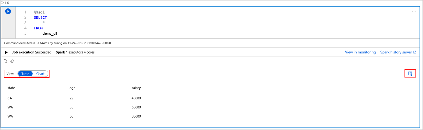 Wyniki zapytań w Azure Synapse Spark