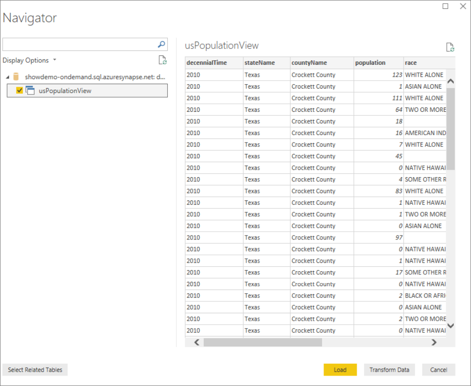 Wybierz widok w wybranej bazie danych.