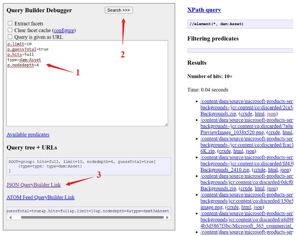 Screenshot that shows the Adobe Experience Manager Assets Query Builder Debugger.