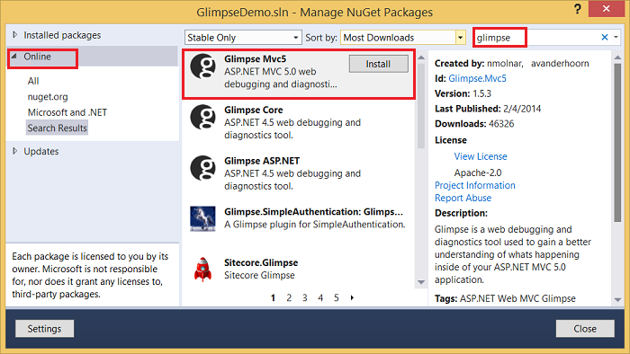 install Glimpse from NuGet Dlg (Instalowanie funkcji Glimpse z biblioteki NuGet Dlg)