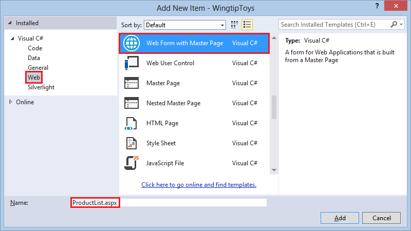 Interfejs użytkownika i nawigacja — okno dialogowe Dodawanie nowego elementu