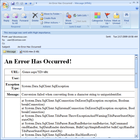 Zrzut ekranu przedstawiający wiadomość e-mail wysłaną do dewelopera.