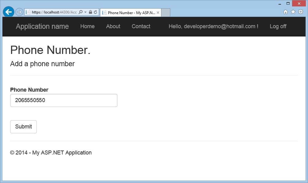 Zrzut ekranu okna przeglądarki z polem numeru telefonu, w którym wpisano wartość numeru telefonu, oraz przyciskiem Prześlij.