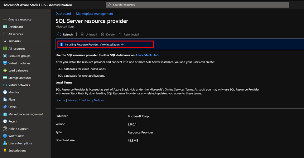 Zrzut ekranu przedstawiający instalowanie zarządzania Marketplace RP.