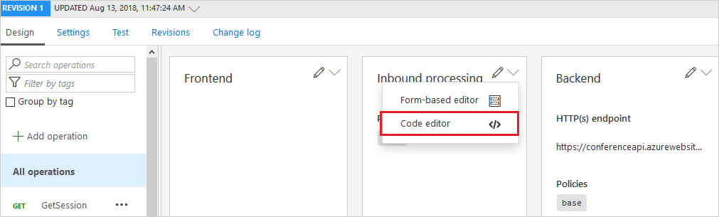 Zrzut ekranu przedstawiający edytor kodu interfejsu API na karcie projektowania.