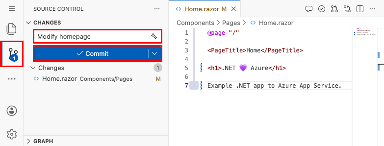 Zrzut ekranu programu Visual Studio Code w przeglądarce, panel kontroli źródła z komunikatem zatwierdzenia 