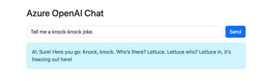 Zrzut ekranu przedstawiający czatbota uruchomionego w usłudze Azure App Service.