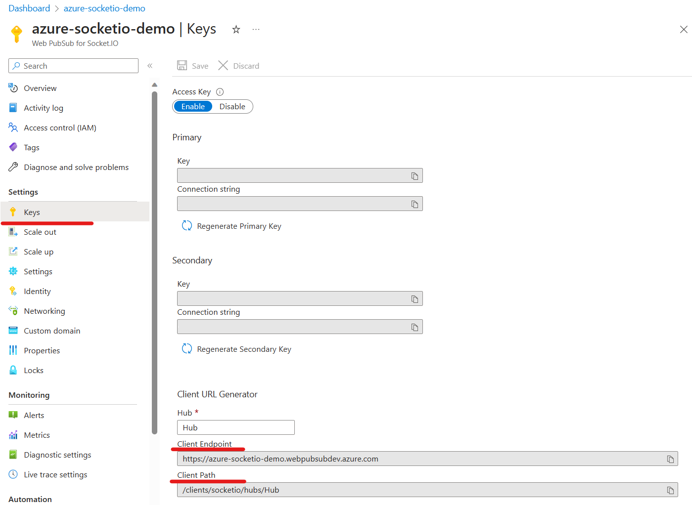 Zrzut ekranu przedstawiający usługę Web PubSub dla usługi Socket.IO w bloku punktów końcowych klienta witryny Azure Portal.