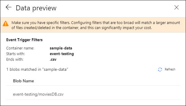 Zrzut ekranu przedstawiający stronę podglądu wyzwalacza zdarzenia magazynowania.