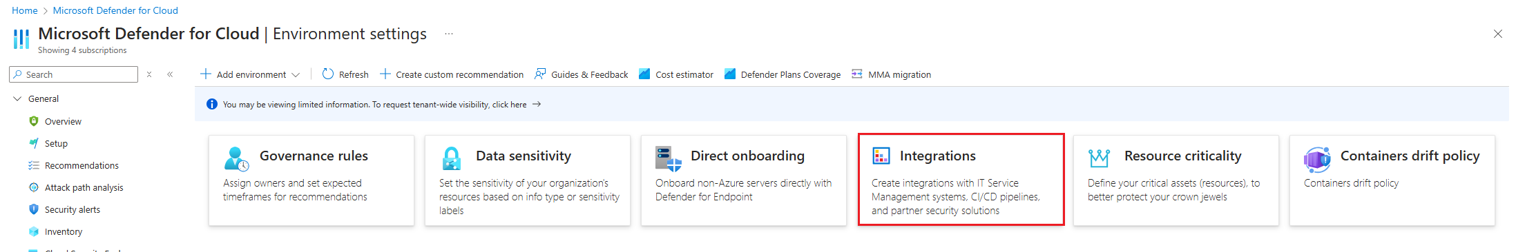 Zrzut ekranu przedstawiający stronę Integracje ustawień środowiska z dostępnymi opcjami integracji.