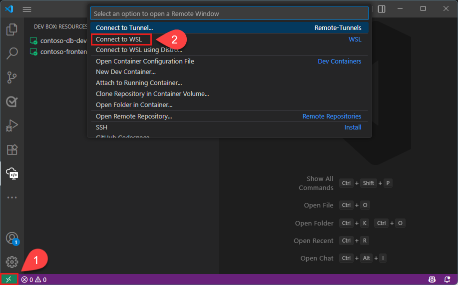 Zrzut ekranu przedstawiający eksplorator zdalny programu Visual Studio Code przedstawiający dostępne dystrybucje WSL z wyróżnionym obiektem docelowym usługi Dev Box WSL.