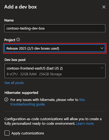 Zrzut ekranu przedstawiający okienko Dodawanie nowego pola deweloperskiego z wybranym projektem, liczbą użytych pól deweloperskich i całkowitą liczbą pól deweloperskich.