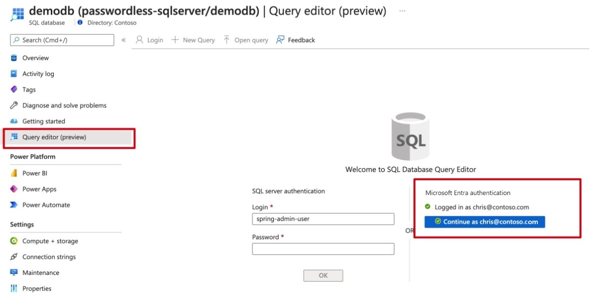 Zrzut ekranu witryny Azure Portal przedstawiający edytor zapytań usługi SQL Database.
