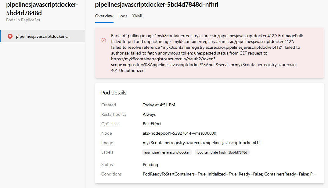 Zrzut ekranu przedstawiający widok stanu obciążenia dla wdrożenia platformy Kubernetes.