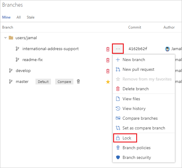 Zablokuj gałąź z menu kontekstowego gałęzi