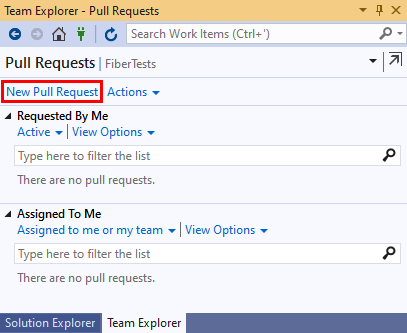 Zrzut ekranu przedstawiający link „Nowe Pull Request” w widoku Pull Requests w programie Team Explorer w programie Visual Studio 2019.