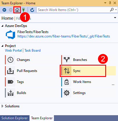 Zrzut ekranu opcji Sync w Team Explorerze w Visual Studio 2019.