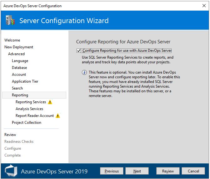 zrzut ekranu przedstawiający wersje Advanced, Reporting, Azure DevOps Server 2019 i nowsze.