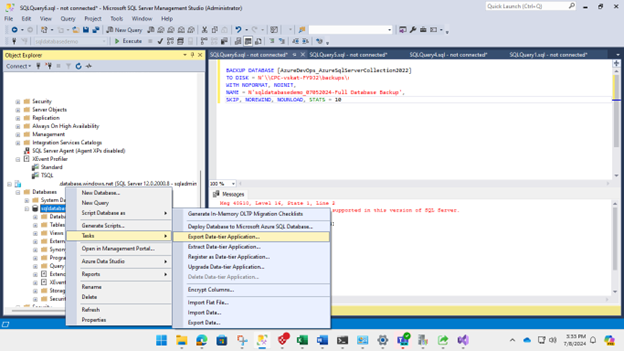 Zrzut ekranu przedstawia wyróżnione przyciski wyboru opcji eksportu aplikacji warstwy danych.