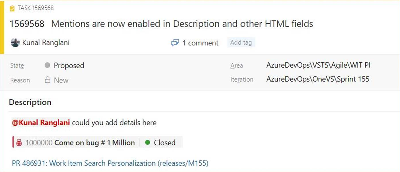 Zrzut ekranu pokazujący, że możesz wspomnieć o osobach, elementach roboczych i żądaniach zatwierdzenia w obszarze Opis elementu roboczego.