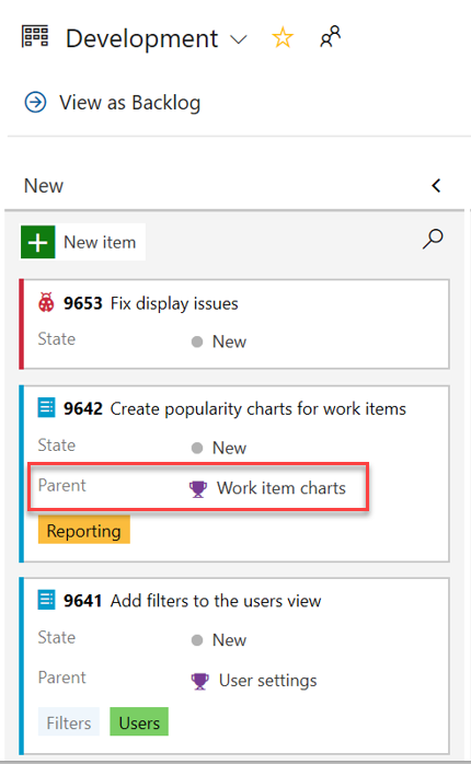 Zrzut ekranu przedstawiający kartę elementu roboczego z oznaczoną opcją nadrzędną.
