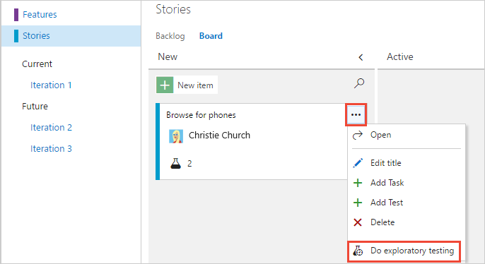 Zrzut ekranu przedstawiający otwieranie menu Testowanie eksploracyjne.